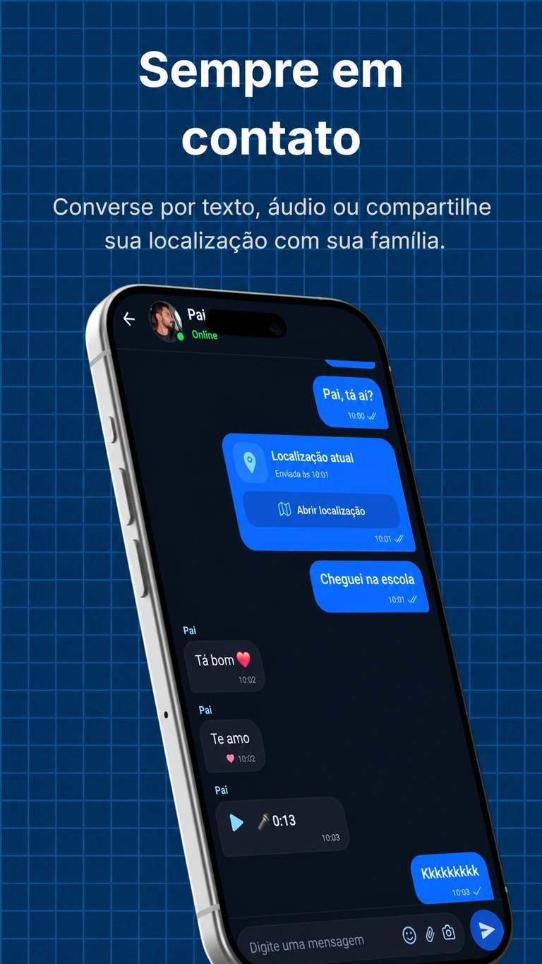 Conversa no Alkateia com mensagem de localização atual, textos e áudio