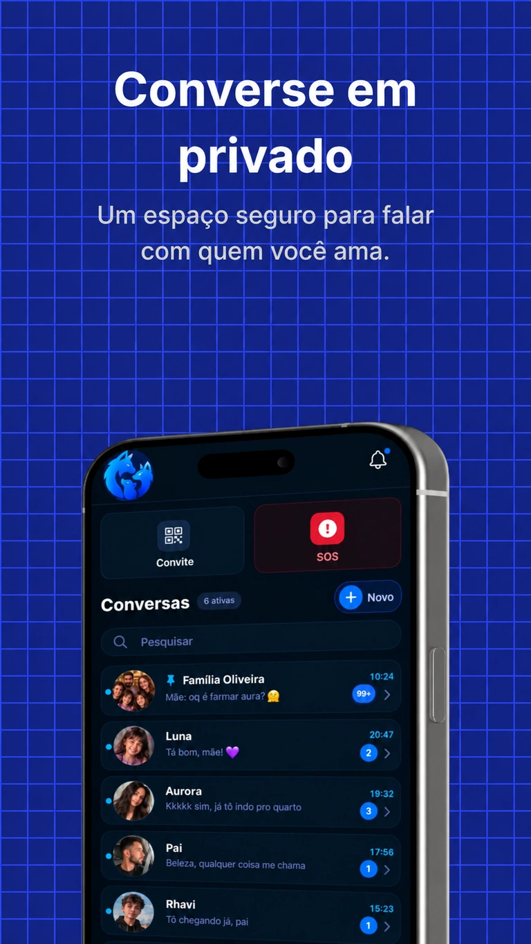 Lista de conversas privadas no Alkateia, com grupo familiar e conversas individuais