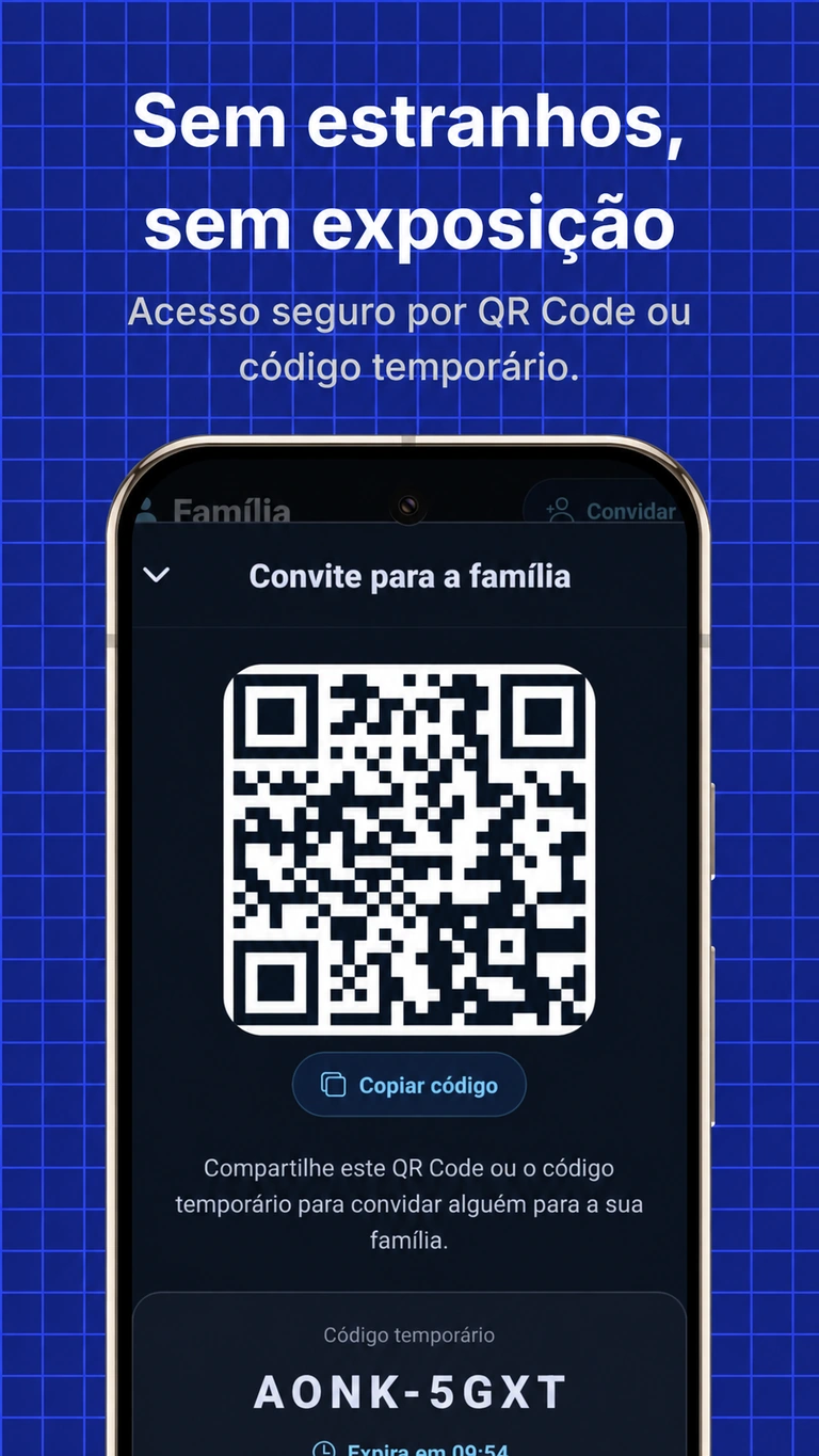 Tela do Alkateia com QR Code e código temporário de convite familiar