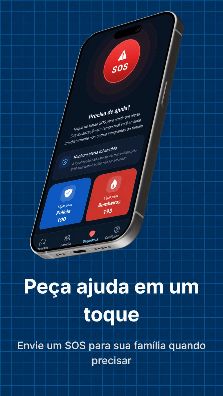 Tela SOS do Alkateia com botão de alerta e atalhos Polícia 190 e Bombeiros 193