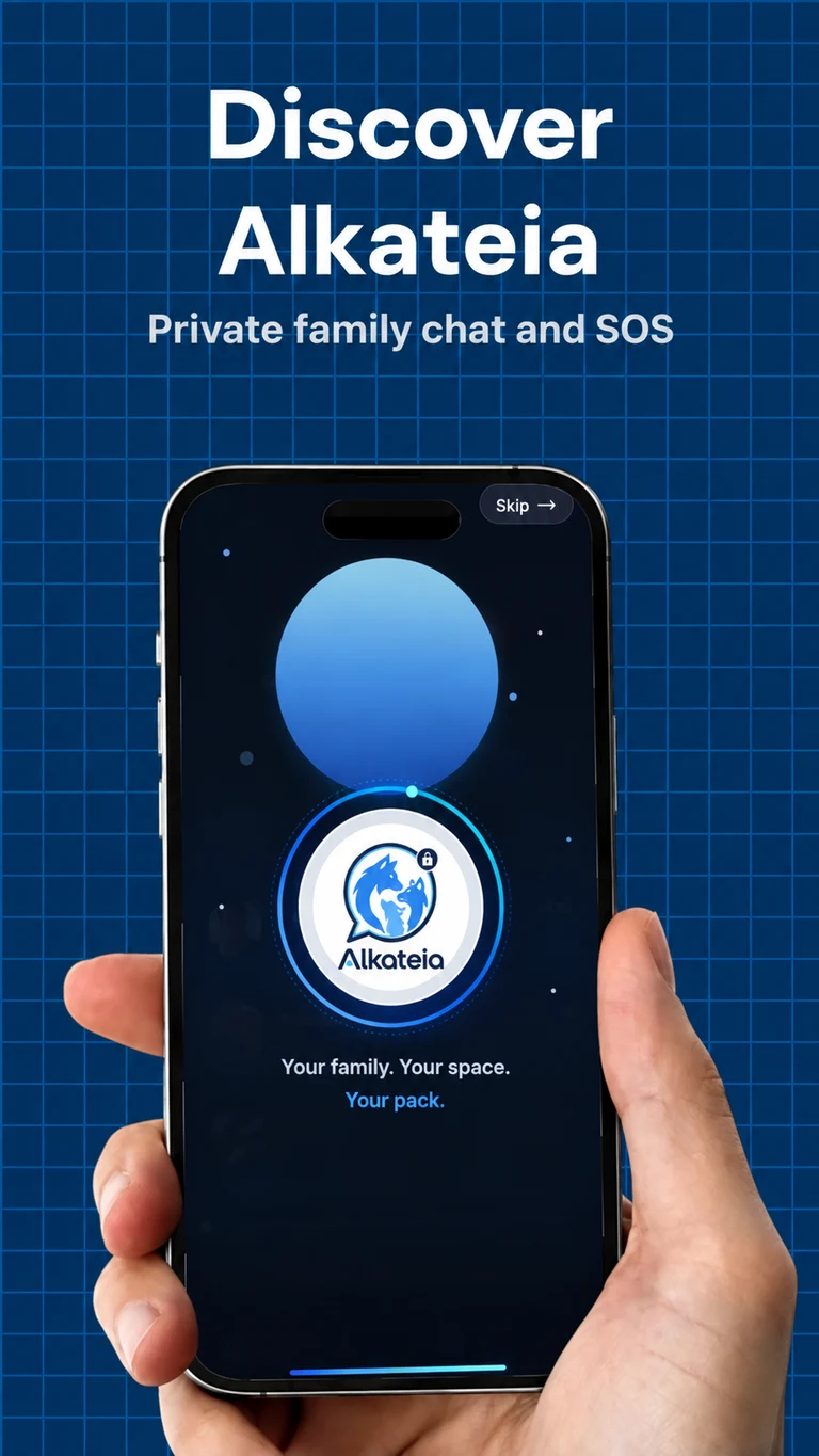 Alkateia introduction with the logo on the app's opening screen