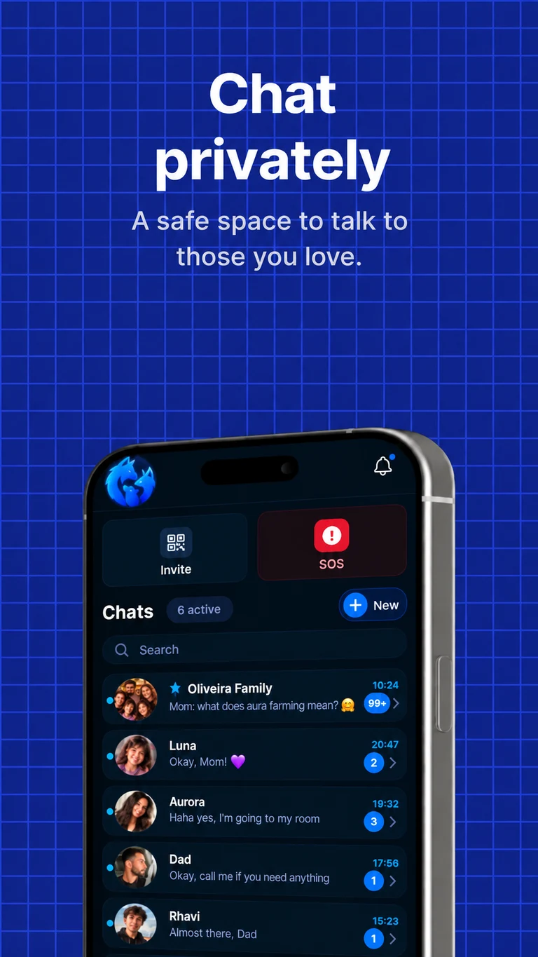 Alkateia private conversation list, with a family group and individual chats
