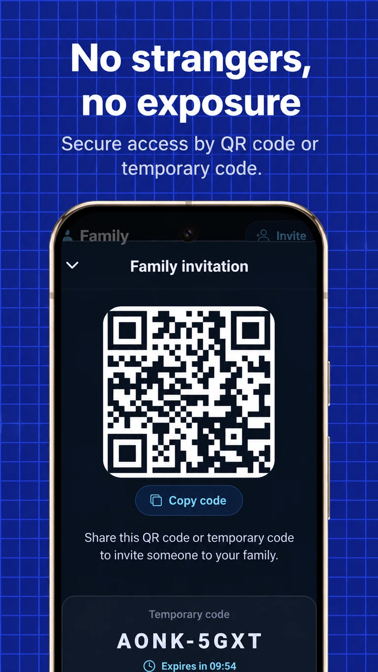 Alkateia screen with a QR code and temporary family invitation code
